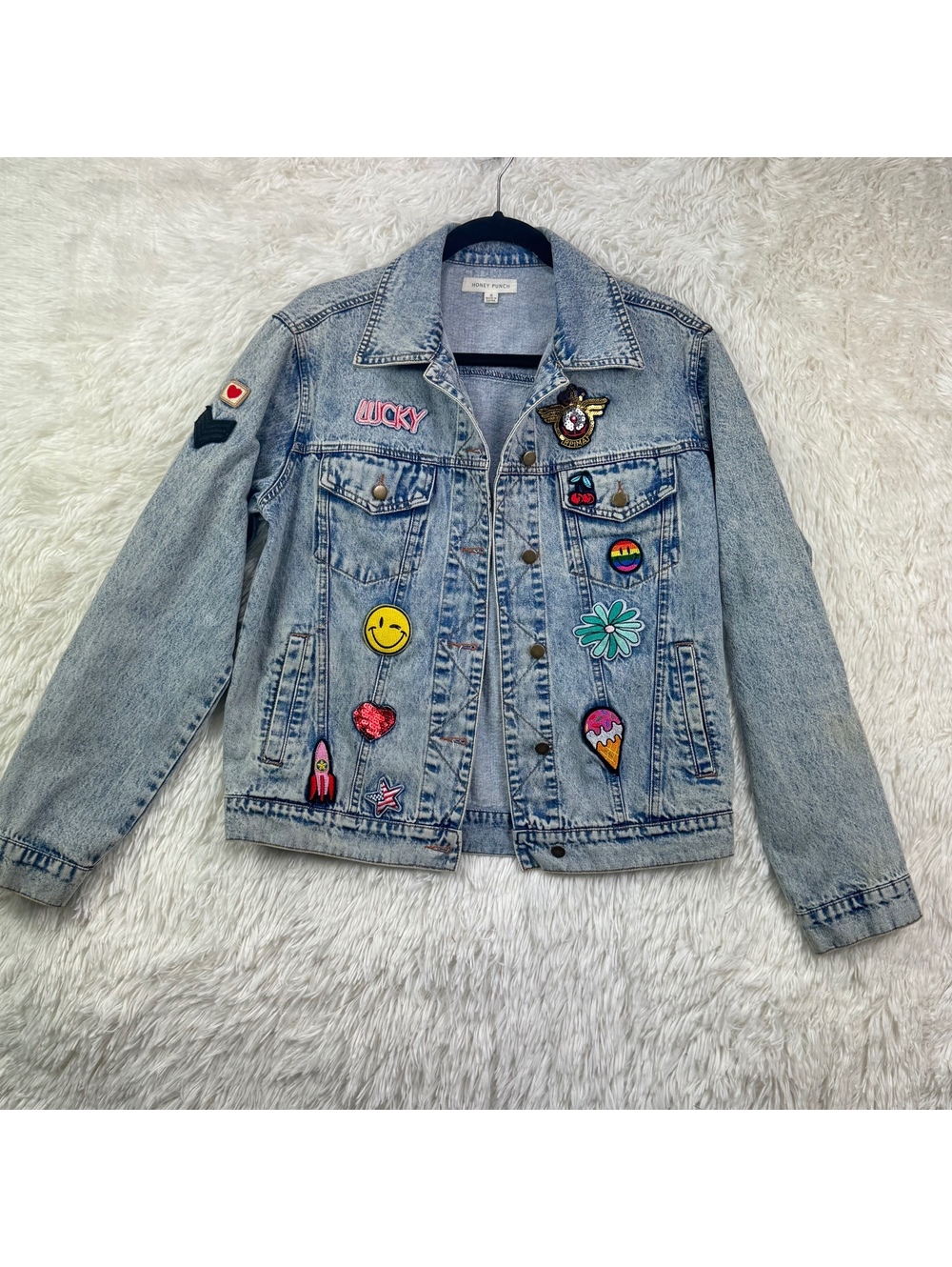 Honey Punch 16 Patch Acid Wash Denim Jacket S Y2K